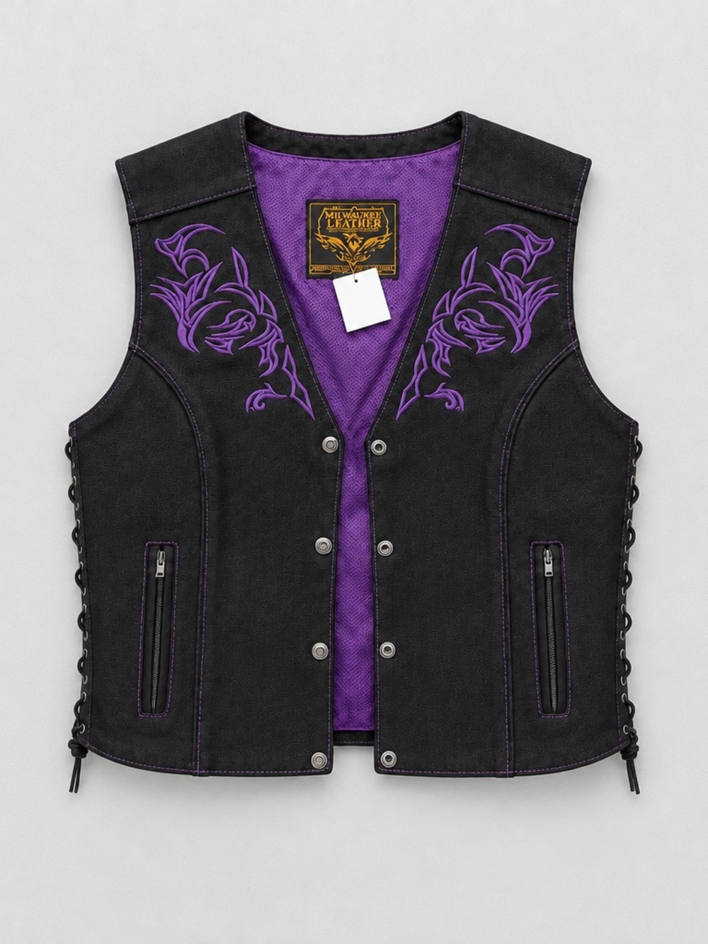 Milwaukee Leather Women's Black Leather Vest with Purple Embroidery M
